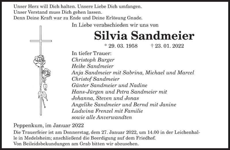  Traueranzeige für Silvia Sandmeier vom 25.01.2022 aus saarbruecker_zeitung