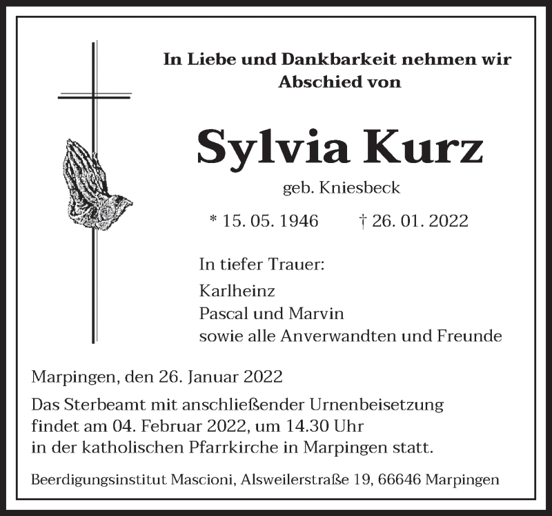  Traueranzeige für Sylvia Kurz vom 29.01.2022 aus saarbruecker_zeitung