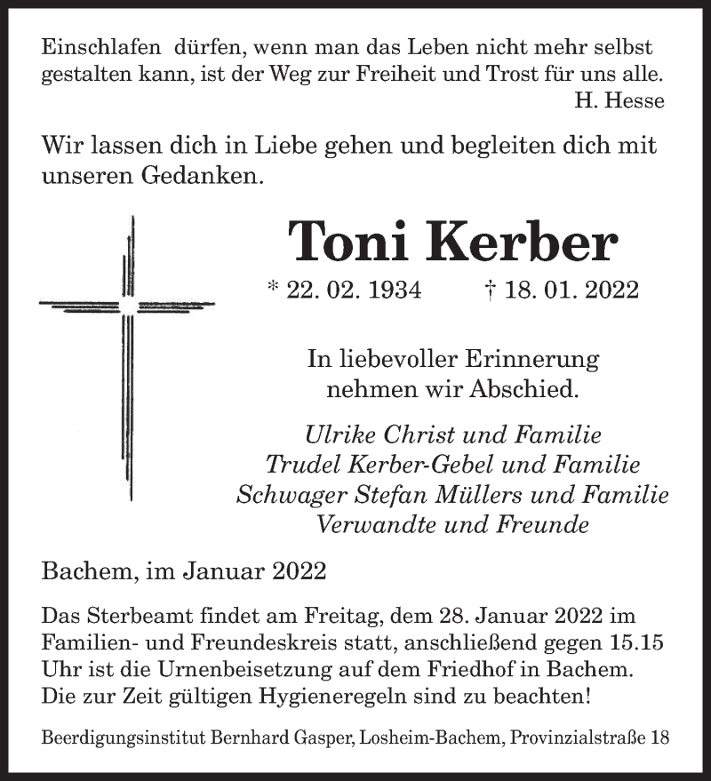  Traueranzeige für Toni Kerber vom 26.01.2022 aus saarbruecker_zeitung