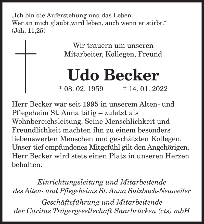  Traueranzeige für Udo Becker vom 29.01.2022 aus saarbruecker_zeitung