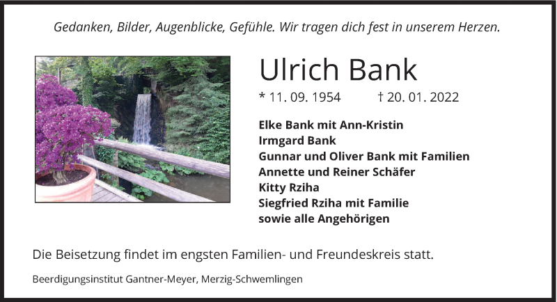 Traueranzeige für Ulrich Bank vom 28.01.2022 aus saarbruecker_zeitung
