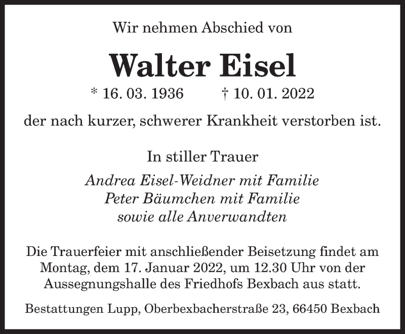  Traueranzeige für Walter Eisel vom 14.01.2022 aus saarbruecker_zeitung