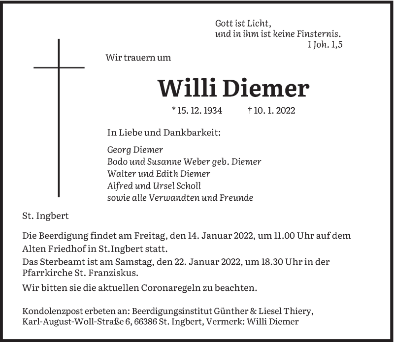  Traueranzeige für Willi Diemer vom 12.01.2022 aus saarbruecker_zeitung