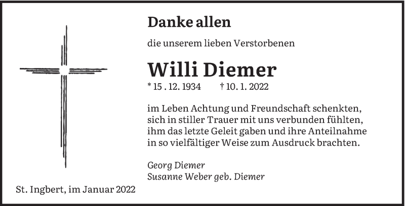  Traueranzeige für Willi Diemer vom 29.01.2022 aus saarbruecker_zeitung