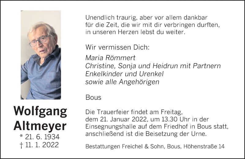 Traueranzeige für Wolfgang Altmeyer vom 15.01.2022 aus saarbruecker_zeitung