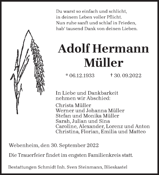 Traueranzeige von Adolf Hermann Müller von saarbruecker_zeitung