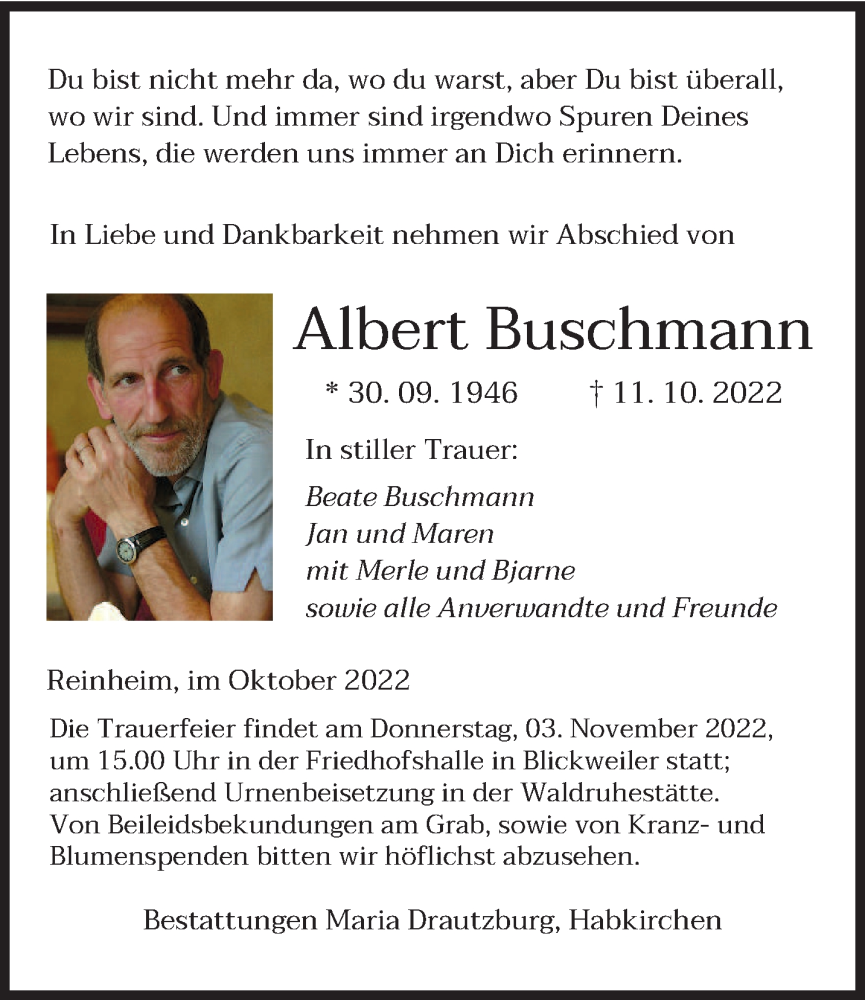  Traueranzeige für Albert Buschmann vom 22.10.2022 aus saarbruecker_zeitung