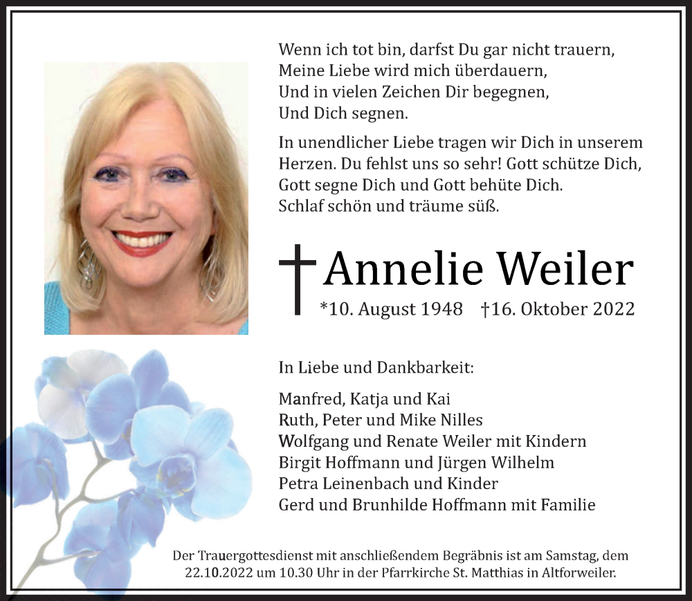  Traueranzeige für Annelie Weiler vom 19.10.2022 aus saarbruecker_zeitung
