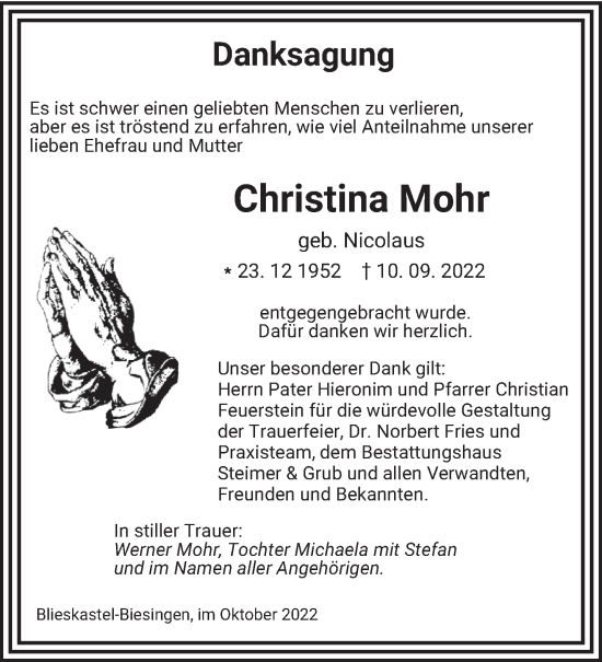 Traueranzeige von Christina Mohr von saarbruecker_zeitung