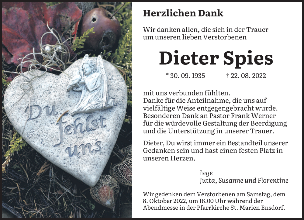  Traueranzeige für Dieter Spies vom 01.10.2022 aus saarbruecker_zeitung