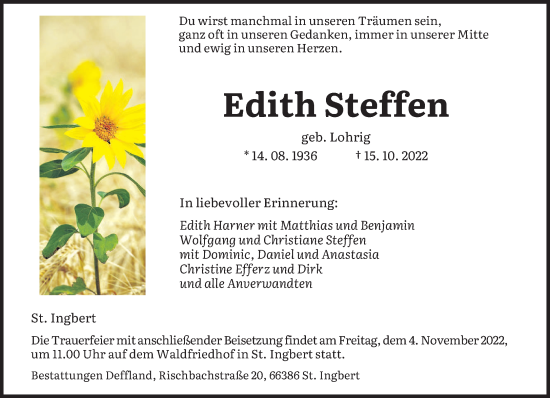 Traueranzeige von Edith Steffen von saarbruecker_zeitung