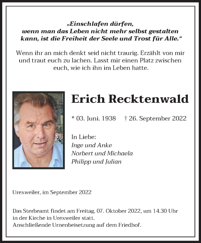  Traueranzeige für Erich Recktenwald vom 01.10.2022 aus saarbruecker_zeitung
