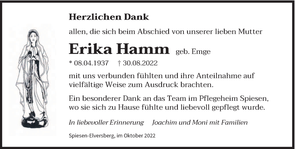  Traueranzeige für Erika Hamm vom 08.10.2022 aus saarbruecker_zeitung