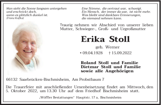 Traueranzeige von Erika Stoll von saarbruecker_zeitung