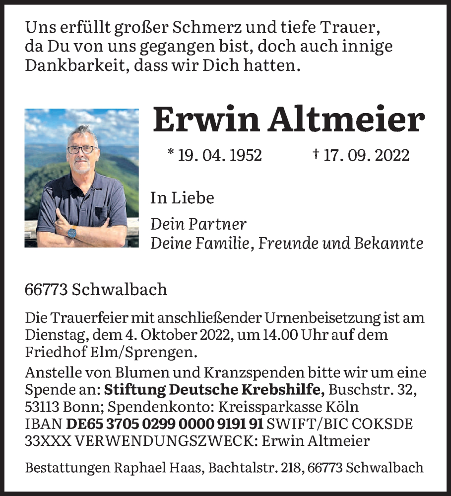  Traueranzeige für Erwin Altmeier vom 01.10.2022 aus saarbruecker_zeitung