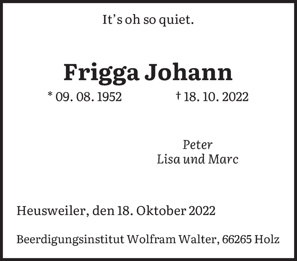  Traueranzeige für Frigga Johann vom 29.10.2022 aus saarbruecker_zeitung