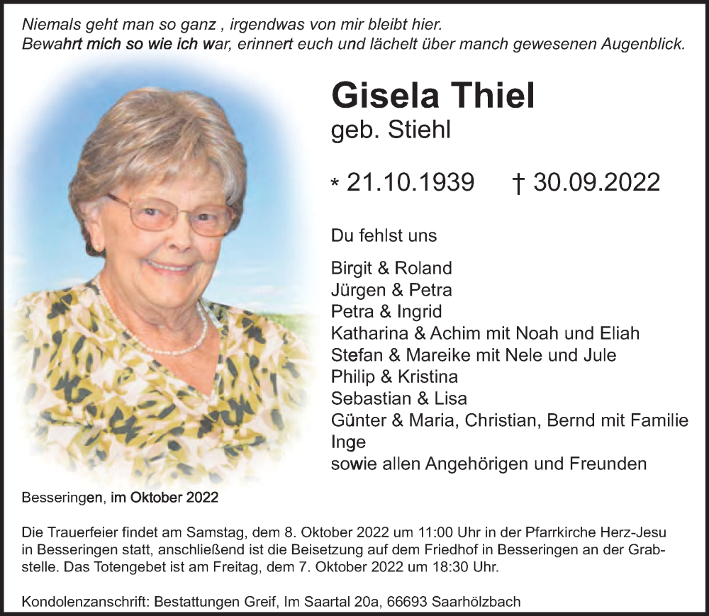 Traueranzeige für Gisela Thiel vom 06.10.2022 aus saarbruecker_zeitung