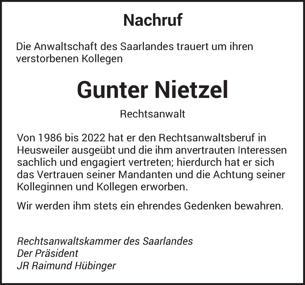  Traueranzeige für Gunter Nietzel vom 22.10.2022 aus saarbruecker_zeitung
