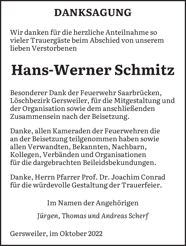  Traueranzeige für Hans-Werner Schmitz vom 22.10.2022 aus saarbruecker_zeitung