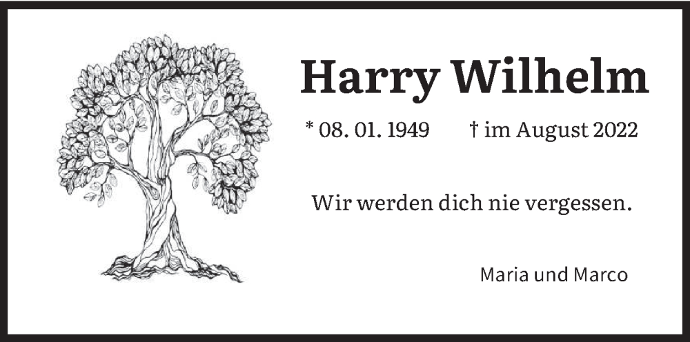  Traueranzeige für Harry Wilhelm vom 01.10.2022 aus saarbruecker_zeitung