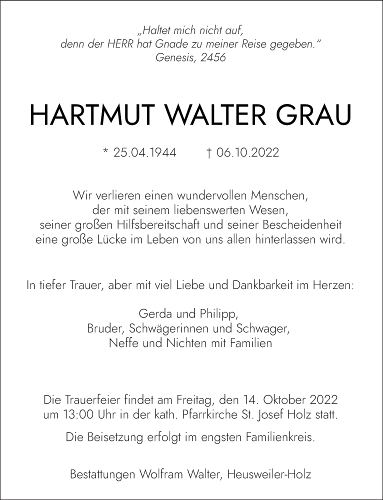  Traueranzeige für Hartmut Walter Grau vom 12.10.2022 aus saarbruecker_zeitung