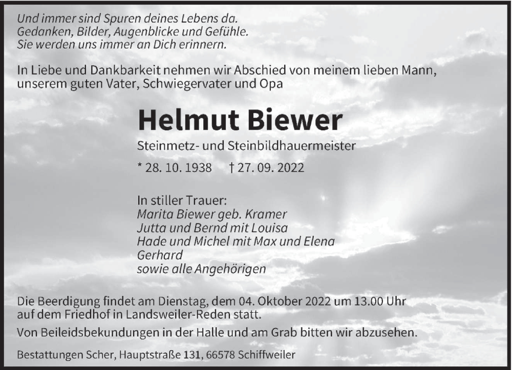  Traueranzeige für Helmut Biewer vom 01.10.2022 aus saarbruecker_zeitung