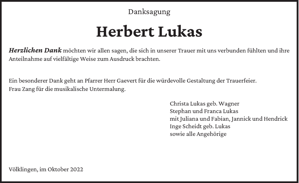  Traueranzeige für Herbert Lukas vom 15.10.2022 aus saarbruecker_zeitung