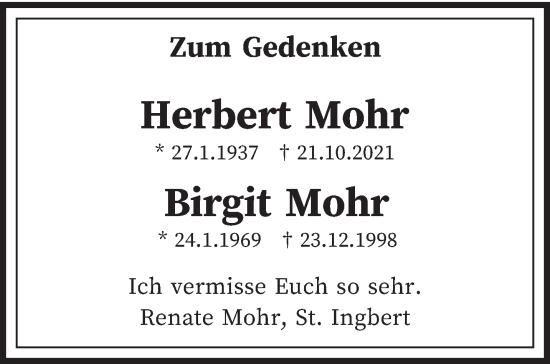 Traueranzeige von Herbert und Birgit Mohr von saarbruecker_zeitung