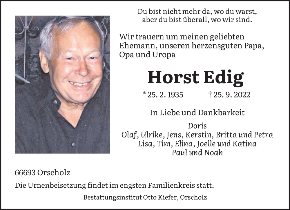  Traueranzeige für Horst Edig vom 30.09.2022 aus saarbruecker_zeitung