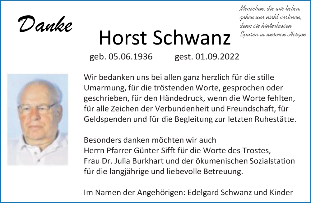  Traueranzeige für Horst Schwanz vom 01.10.2022 aus saarbruecker_zeitung