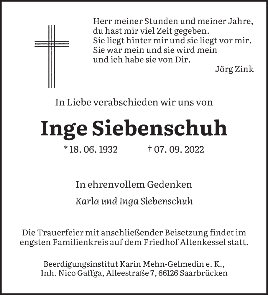  Traueranzeige für Inge Siebenschuh vom 01.10.2022 aus saarbruecker_zeitung