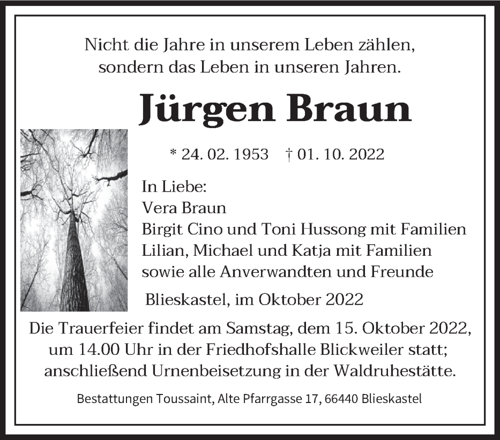  Traueranzeige für Jürgen Braun vom 08.10.2022 aus saarbruecker_zeitung