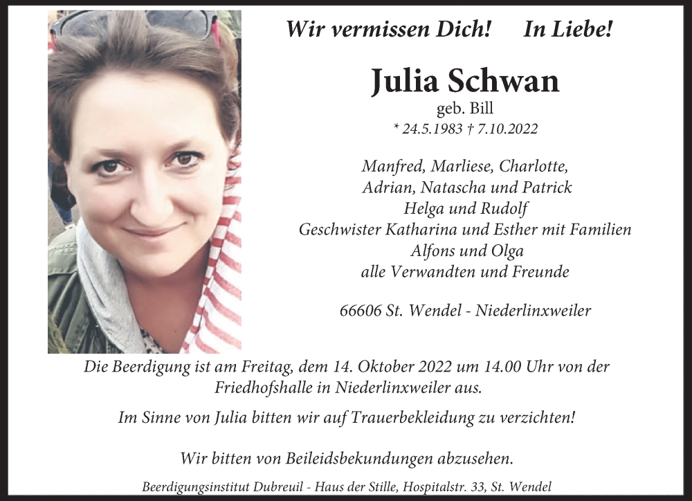  Traueranzeige für Julia Schwan vom 12.10.2022 aus saarbruecker_zeitung