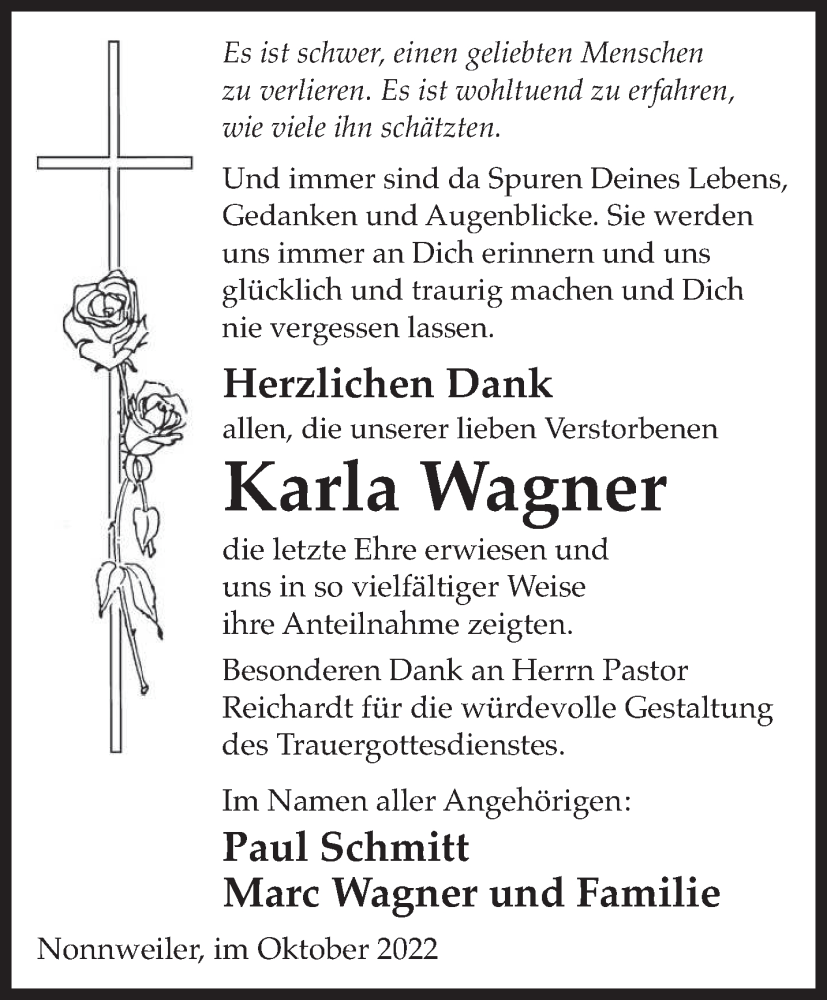  Traueranzeige für Karla Wagner vom 22.10.2022 aus saarbruecker_zeitung