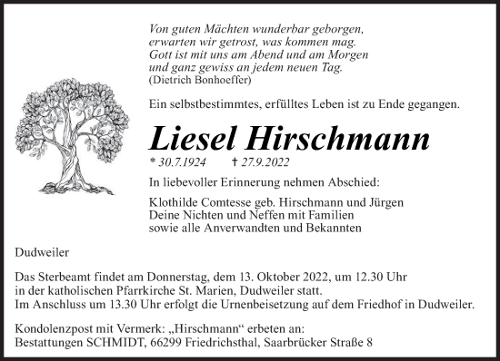 Traueranzeige von Liesel Hirschmann von saarbruecker_zeitung