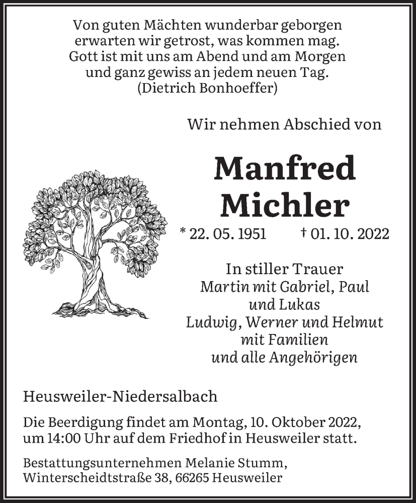  Traueranzeige für Manfred Michler vom 08.10.2022 aus saarbruecker_zeitung