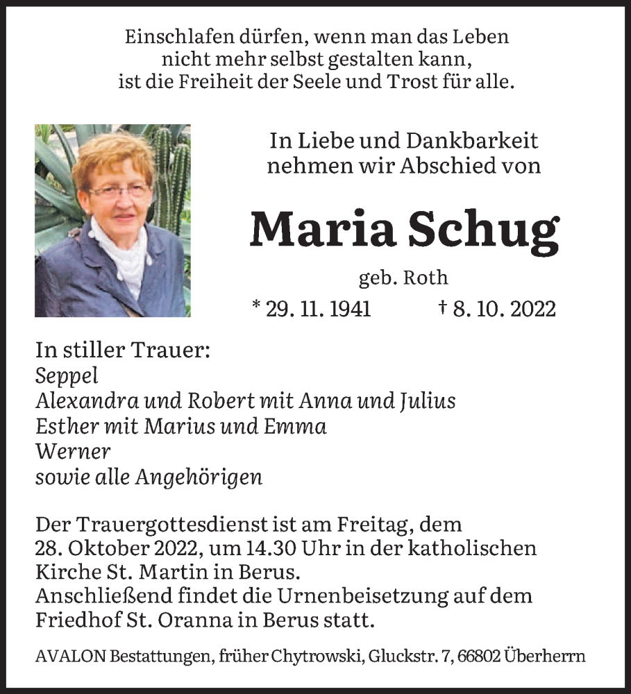  Traueranzeige für Maria Schug vom 22.10.2022 aus saarbruecker_zeitung
