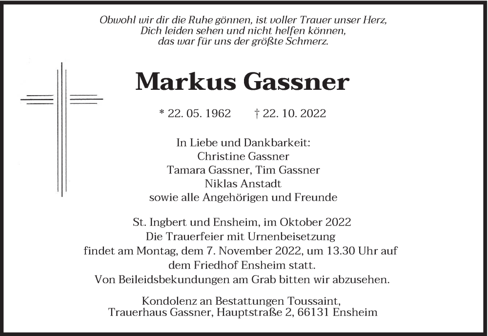 Traueranzeige für Markus Gassner vom 29.10.2022 aus saarbruecker_zeitung