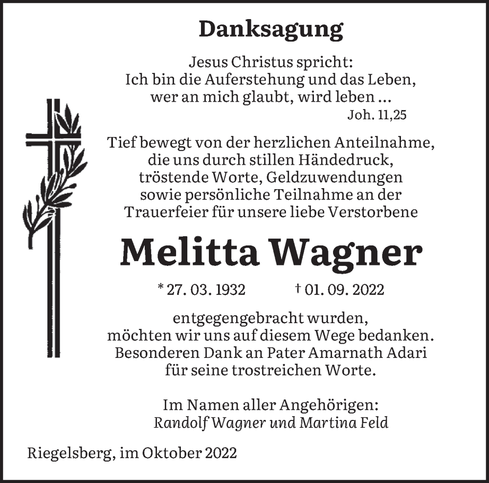 Traueranzeigen von Melitta Wagner | Saarbruecker-Zeitung.Trauer.de