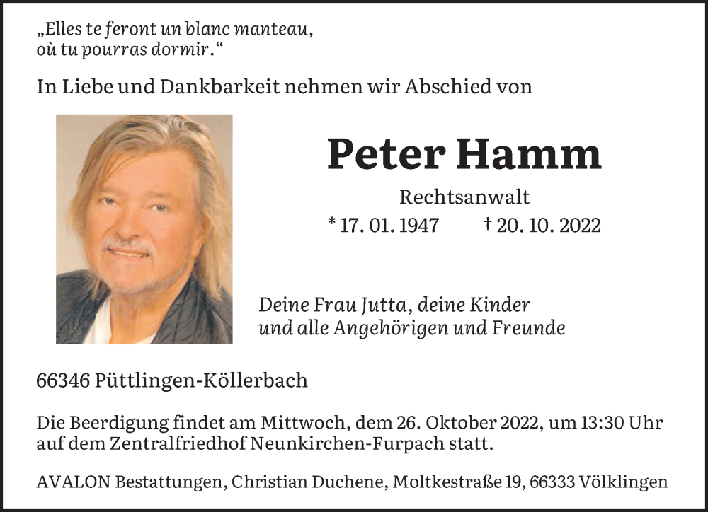  Traueranzeige für Peter Hamm vom 25.10.2022 aus saarbruecker_zeitung