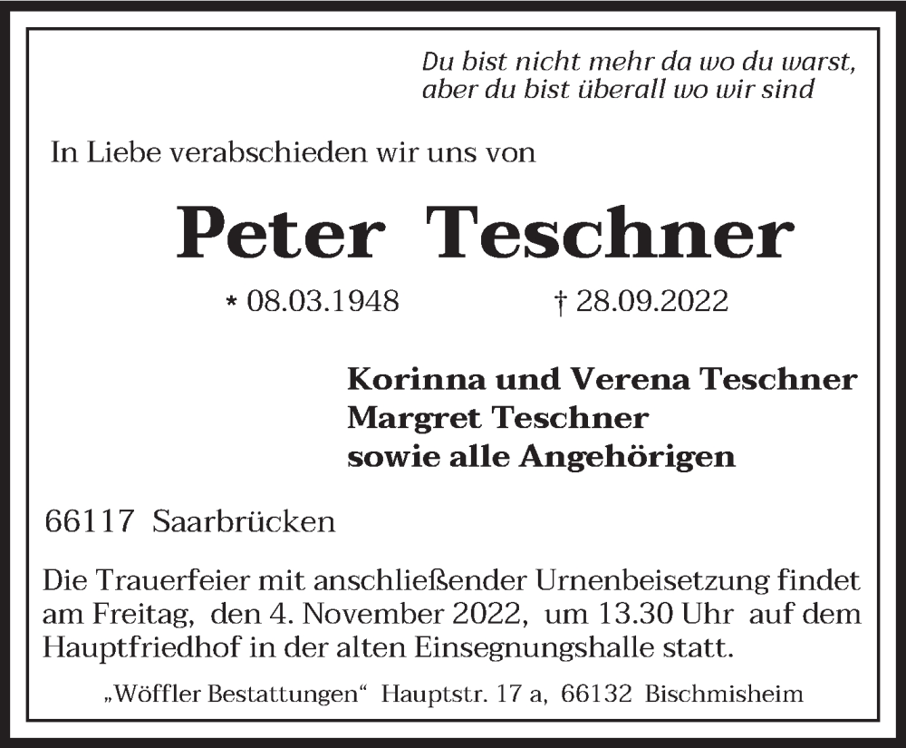  Traueranzeige für Peter Teschner vom 29.10.2022 aus saarbruecker_zeitung