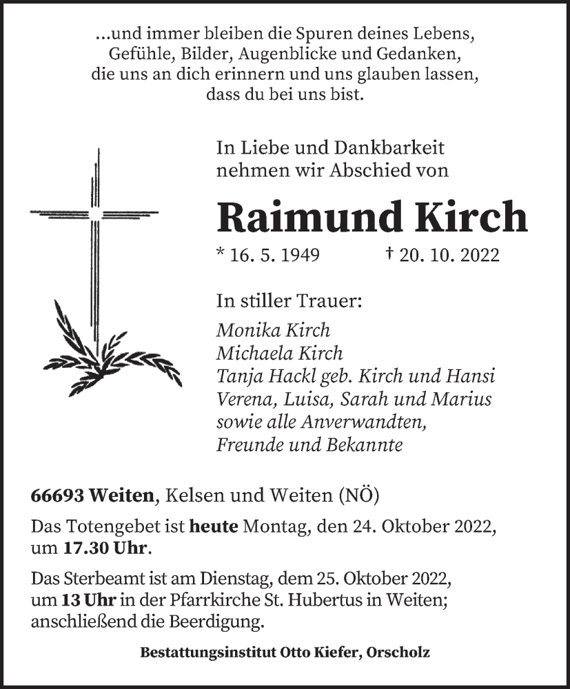  Traueranzeige für Raimund Kirch vom 24.10.2022 aus saarbruecker_zeitung