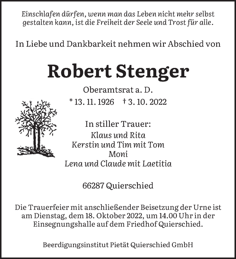  Traueranzeige für Robert Stenger vom 15.10.2022 aus saarbruecker_zeitung