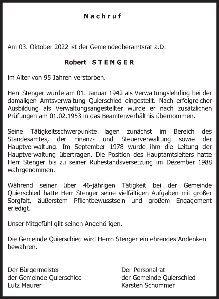  Traueranzeige für Robert Stenger vom 15.10.2022 aus saarbruecker_zeitung