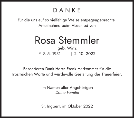 Traueranzeige von Rosa Stemmler von saarbruecker_zeitung