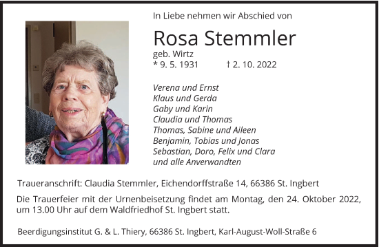 Traueranzeige von Rosa Stemmler von saarbruecker_zeitung