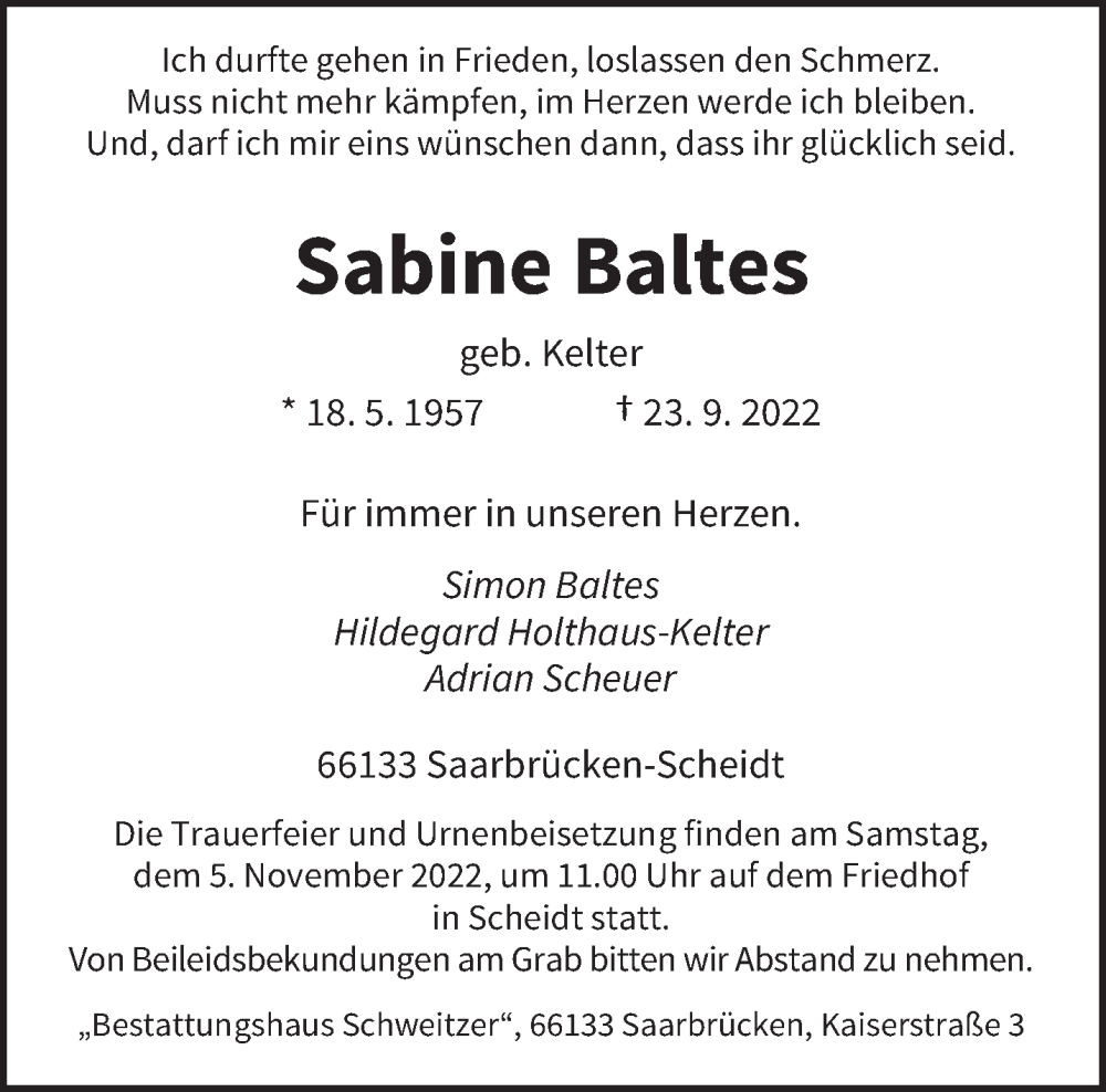  Traueranzeige für Sabine Baltes vom 22.10.2022 aus saarbruecker_zeitung