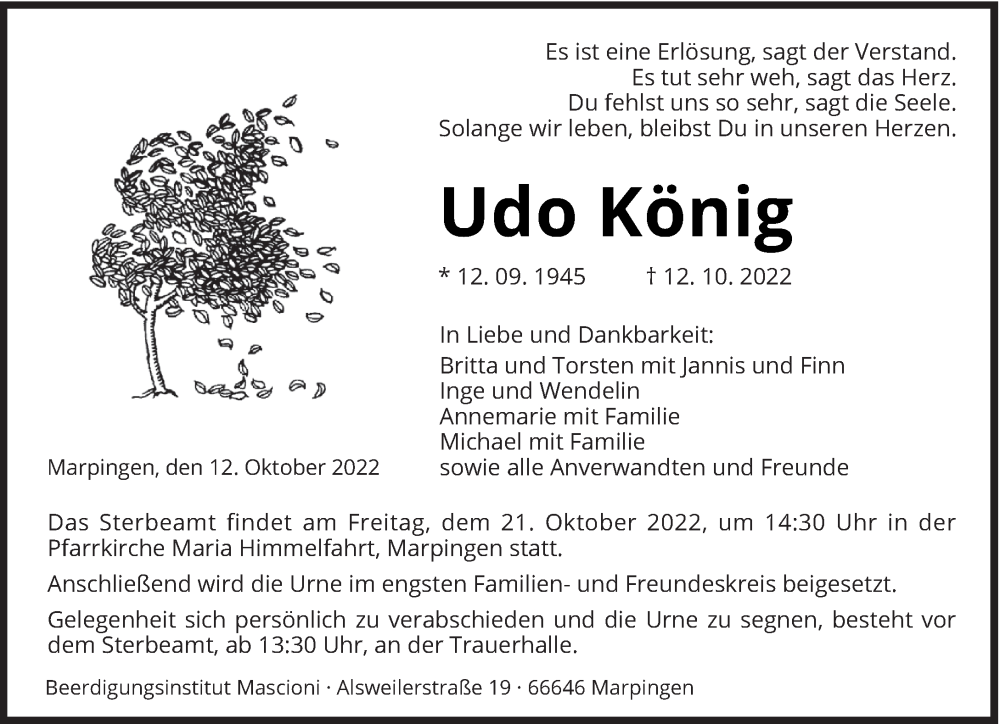  Traueranzeige für Udo König vom 19.10.2022 aus saarbruecker_zeitung