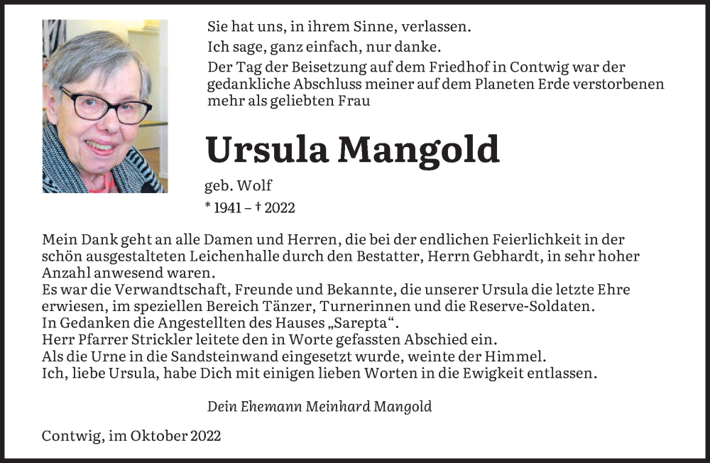  Traueranzeige für Ursula Mangold vom 15.10.2022 aus saarbruecker_zeitung