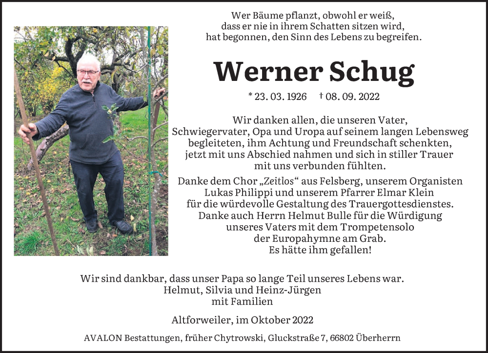  Traueranzeige für Werner Schug vom 22.10.2022 aus saarbruecker_zeitung